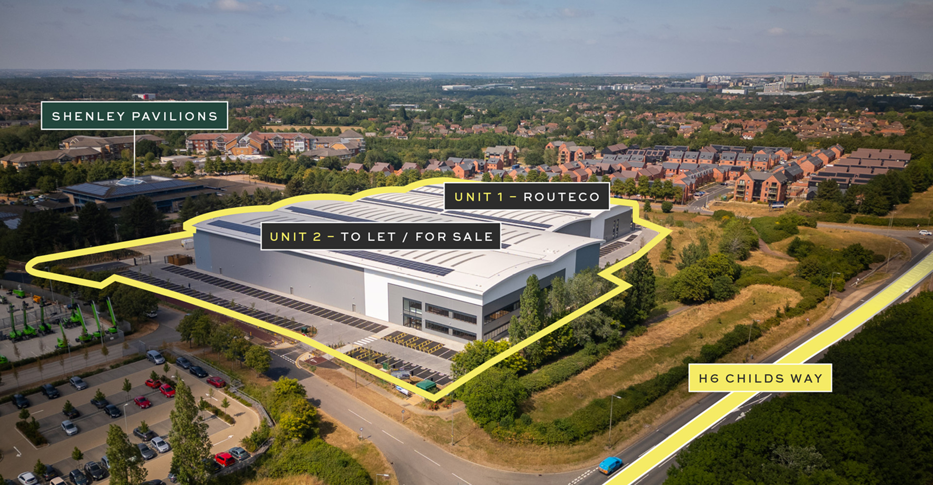 Annotated aerial view showing Unit 2 to let or for sale, Unit 1 occupied by Routeco, Shenley Pavilions and H6 Childs Way